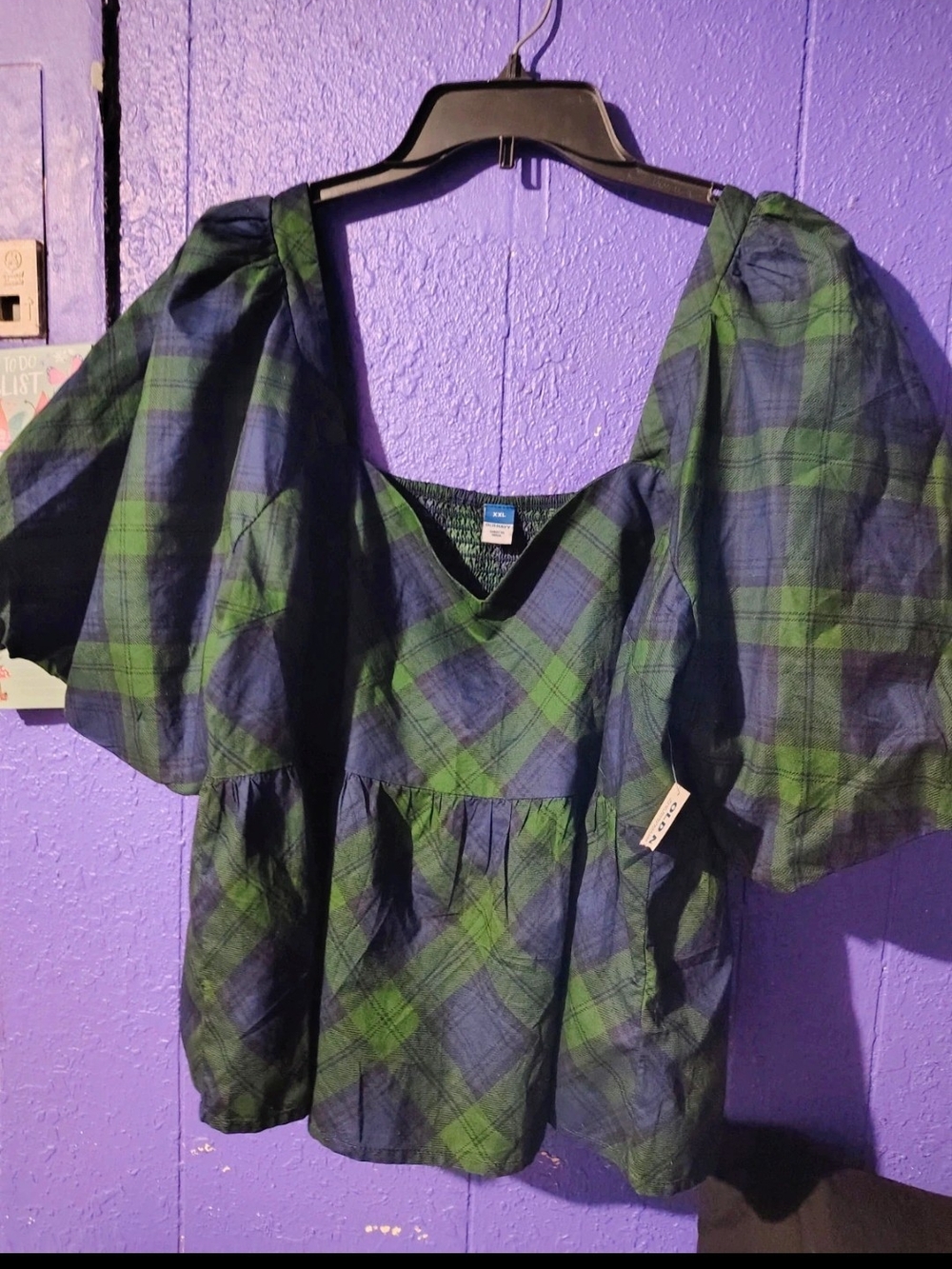 Old Navy Green and Navy Plaid Puff-Sleeve Peplum Dress